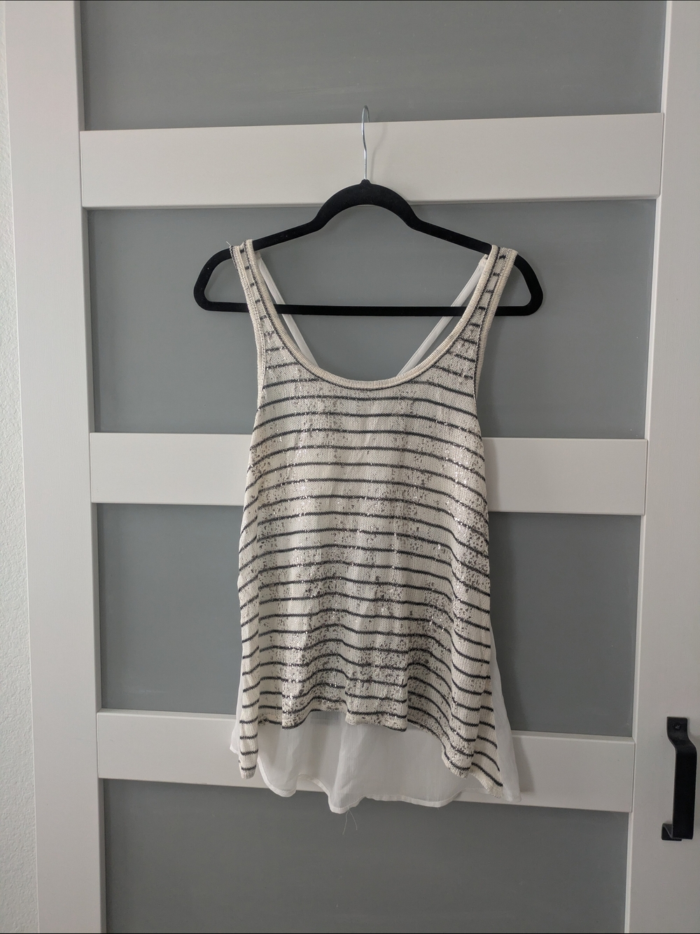 Daytrip White Tank with Black Stripes and Sequins